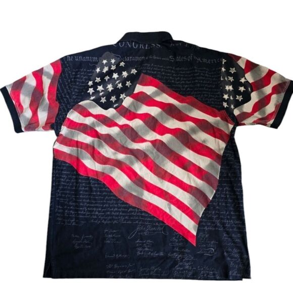 Mens Large Americana Anthem Flag Polo Shirt Red White Blue Cottons - Picture 2 of 3